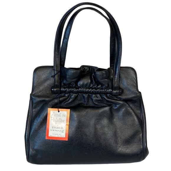 VTG 60s Ingber & Co. Black Cabretta Leather Handbag Gold Rose Clasp Retro USA - Picture 1 of 11